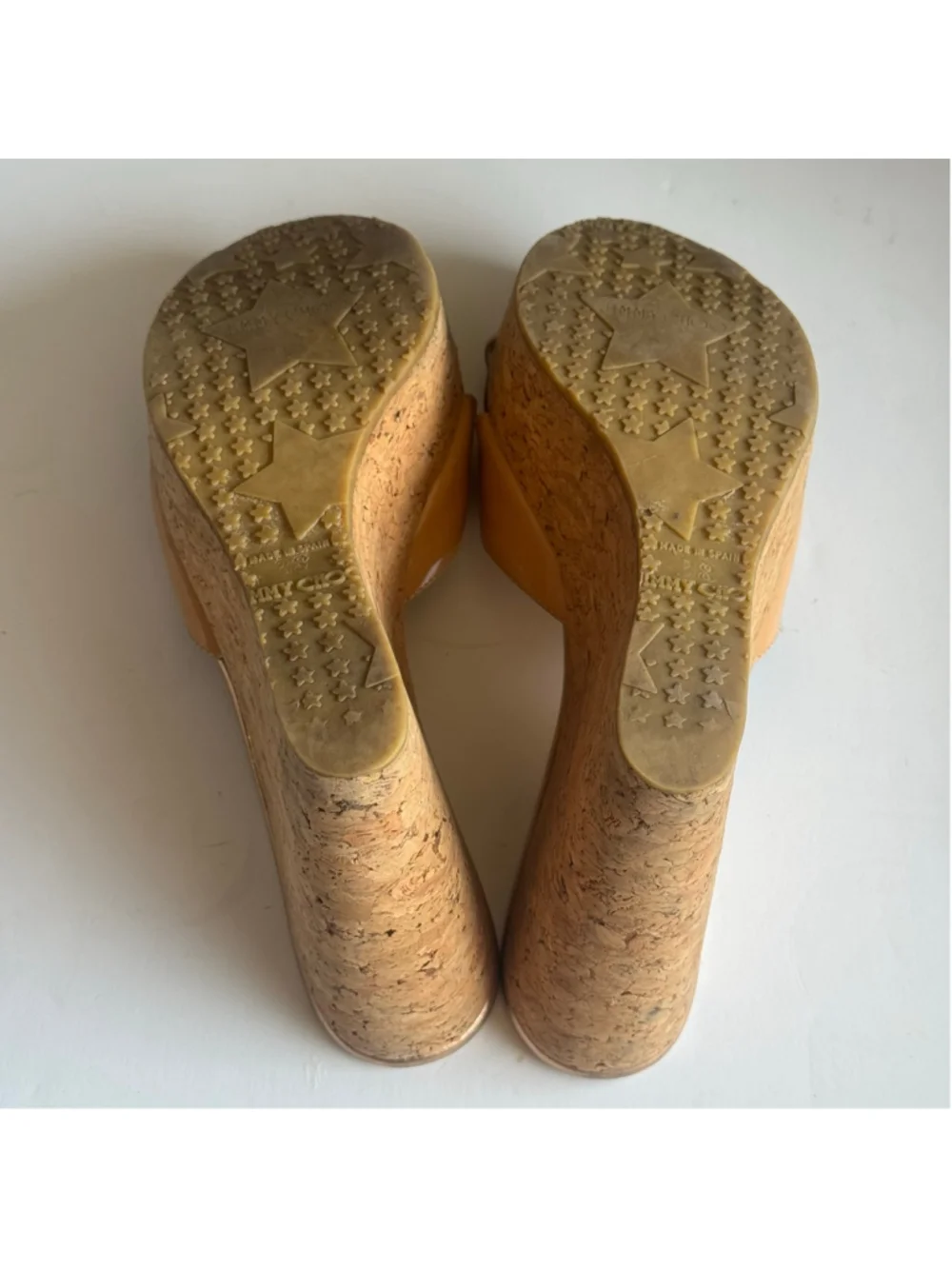 Jimmy Choo Nude Patent Leather Cork Wedge Slide Sandals Size 38 Spain US 8